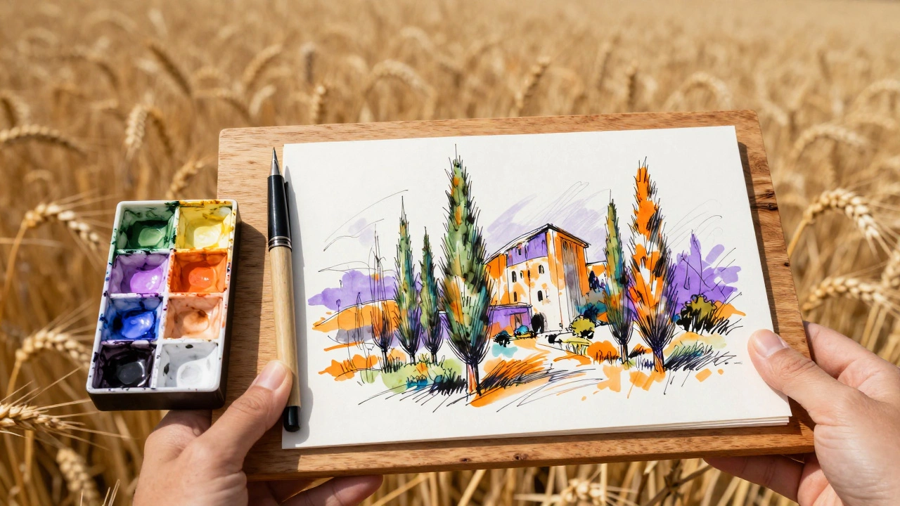 Rapid ink and watercolor sketches of cypress trees resting in a sunny field in Arles.