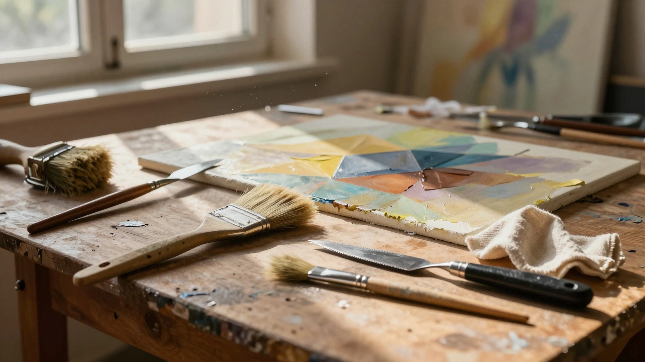 Art supplies including brushes, rag, and knife next to textured oil painting