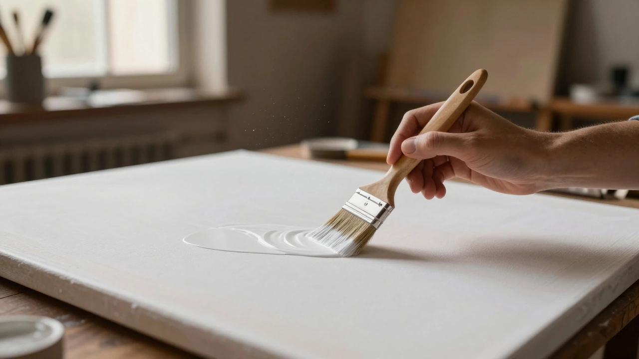 Artist applying white gesso primer to a stretched canvas