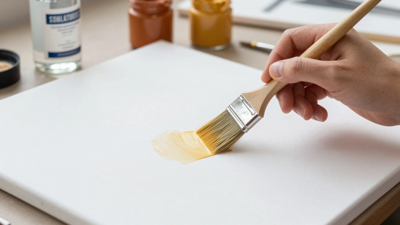 Artist applying yellow ochre tone wash to white canvas