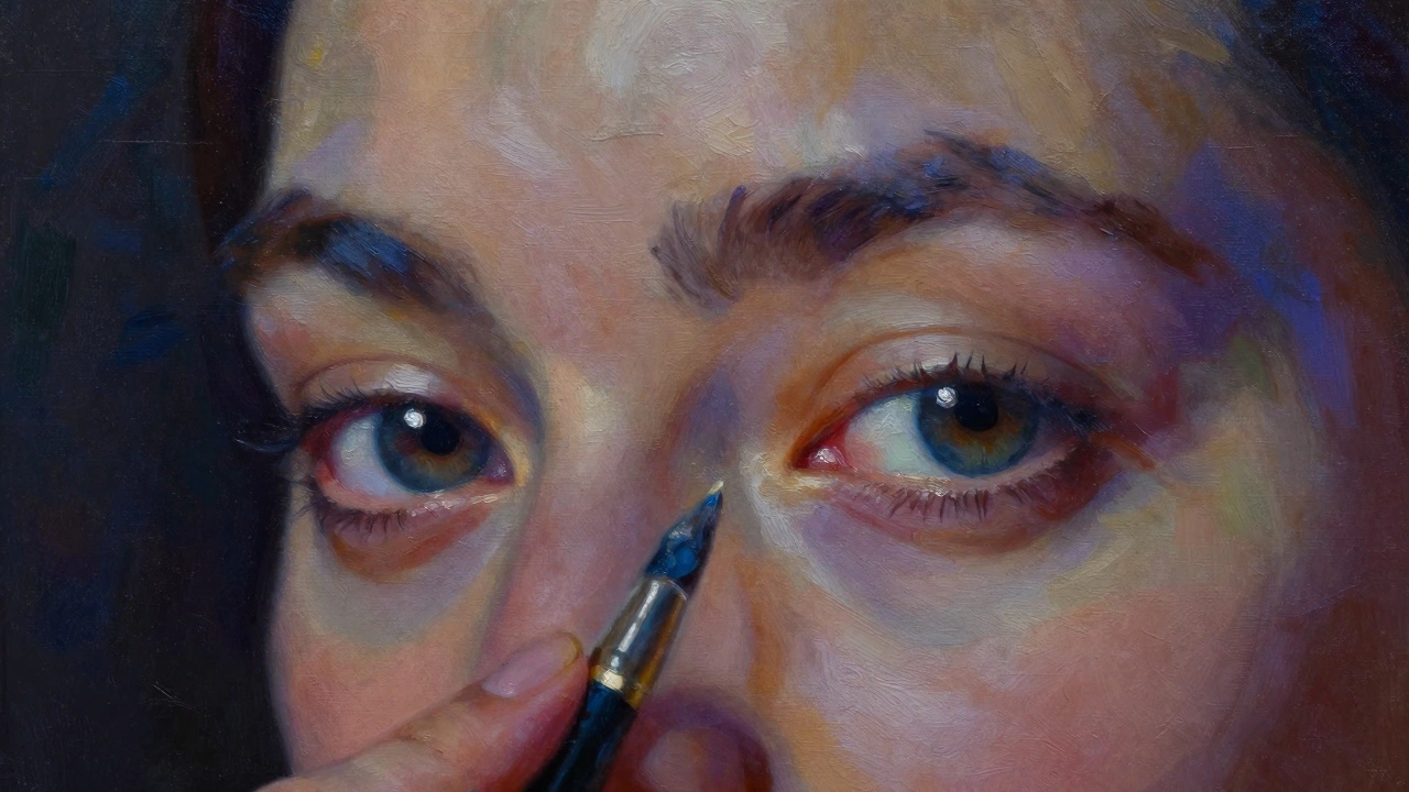 Close-up of painted portrait eyes with dramatic lighting