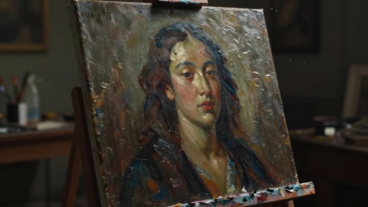 Close-up of textured oil painting on canvas in studio