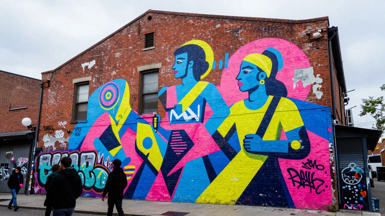 Colorful street art mural on a brick wall with pedestrians