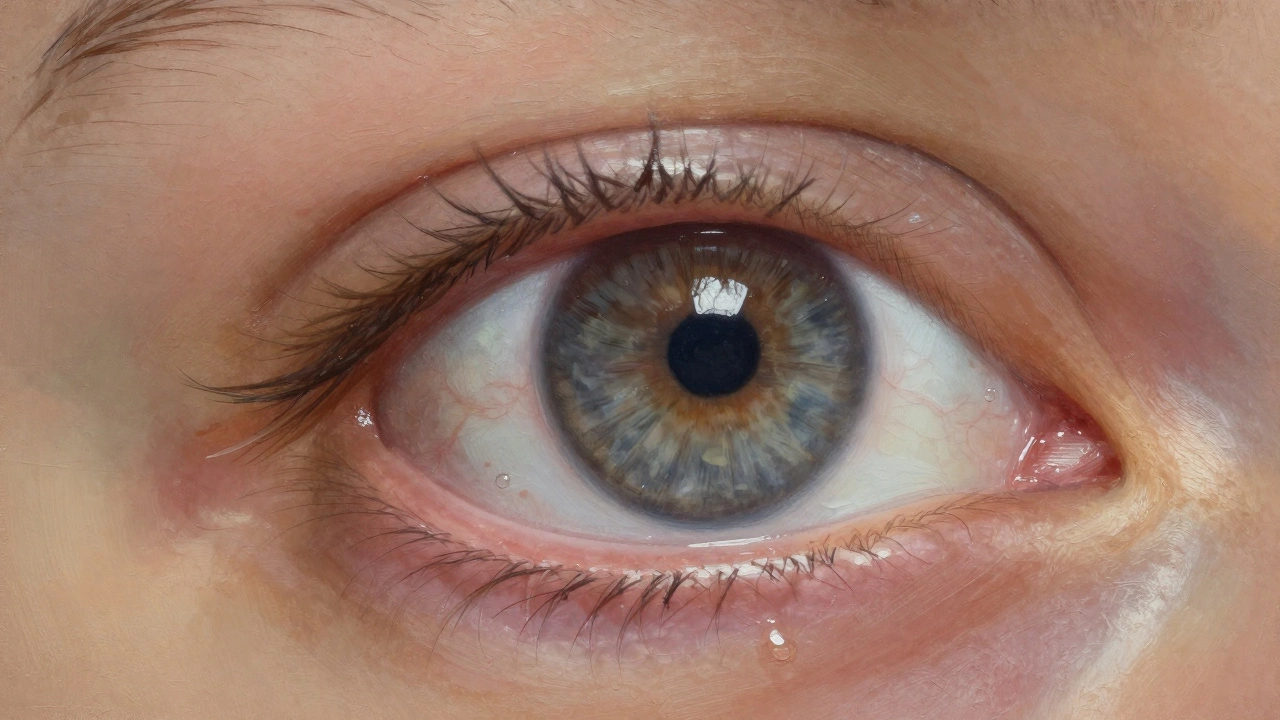 Macro view of painted eye with realistic iris texture and glossy catchlight