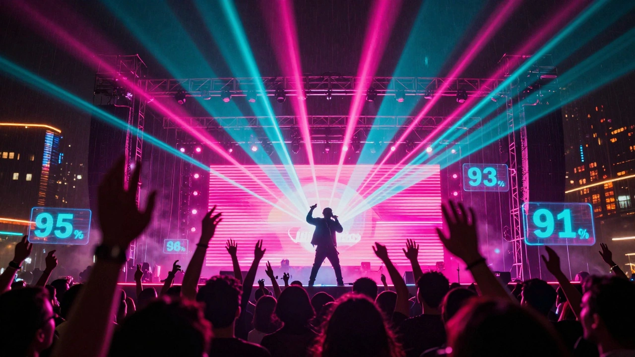 Neon-lit concert stage with holographic stream counts in 80s style