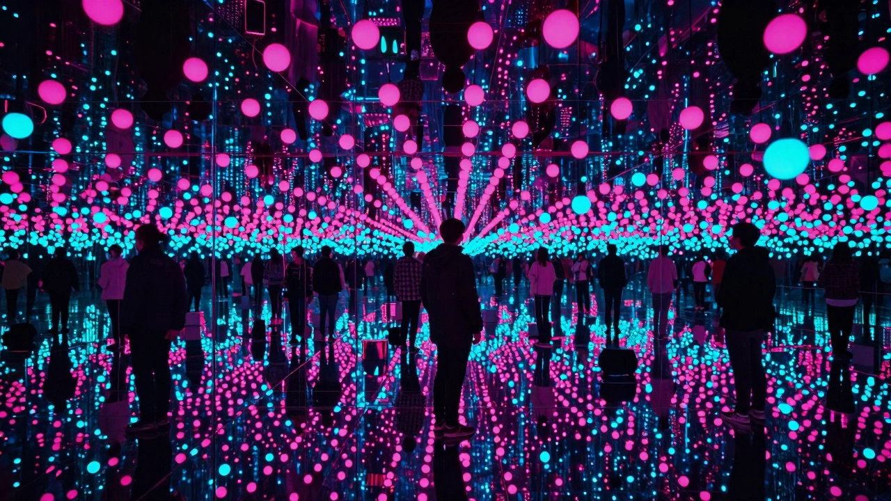 Person immersed in a mirrored infinity room with glowing lights
