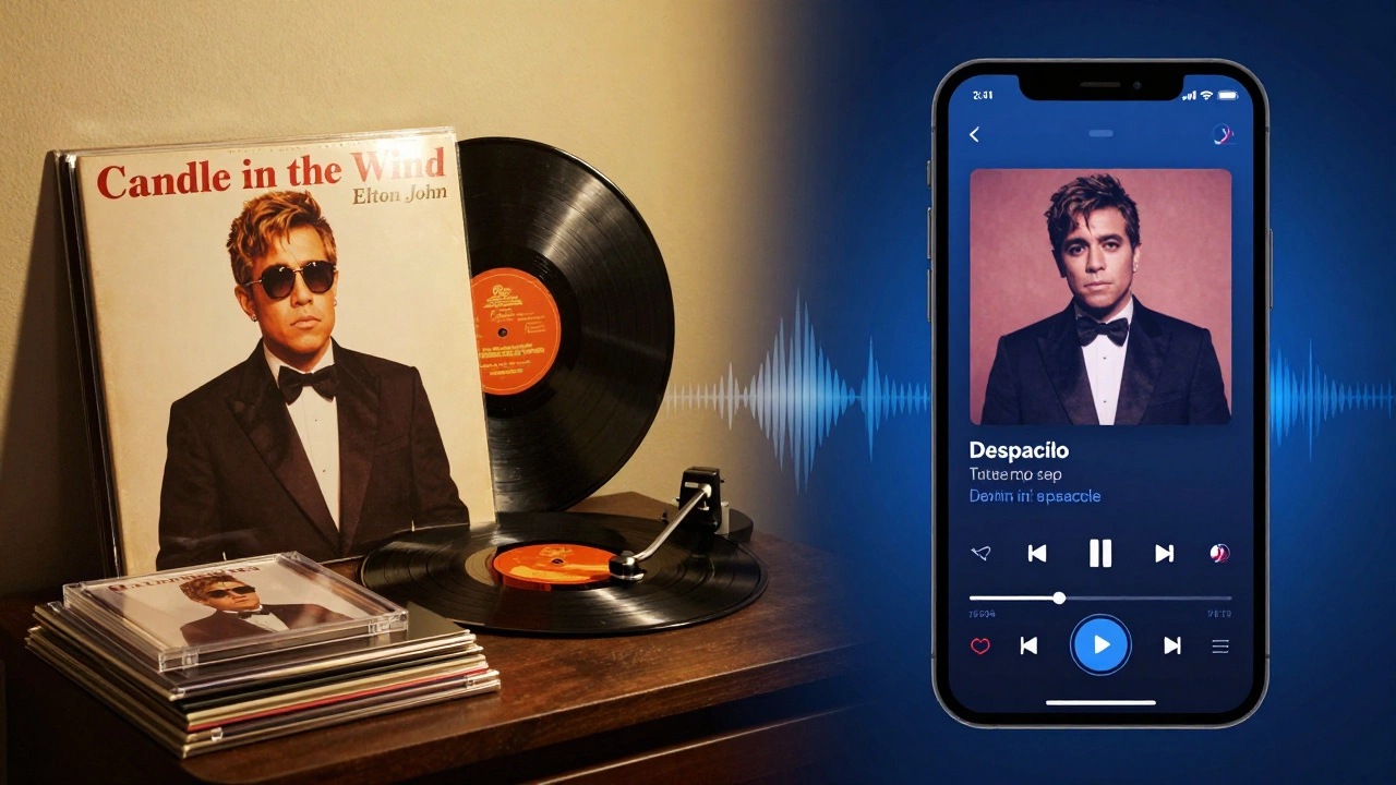 Split image comparing physical record sales with digital video streams