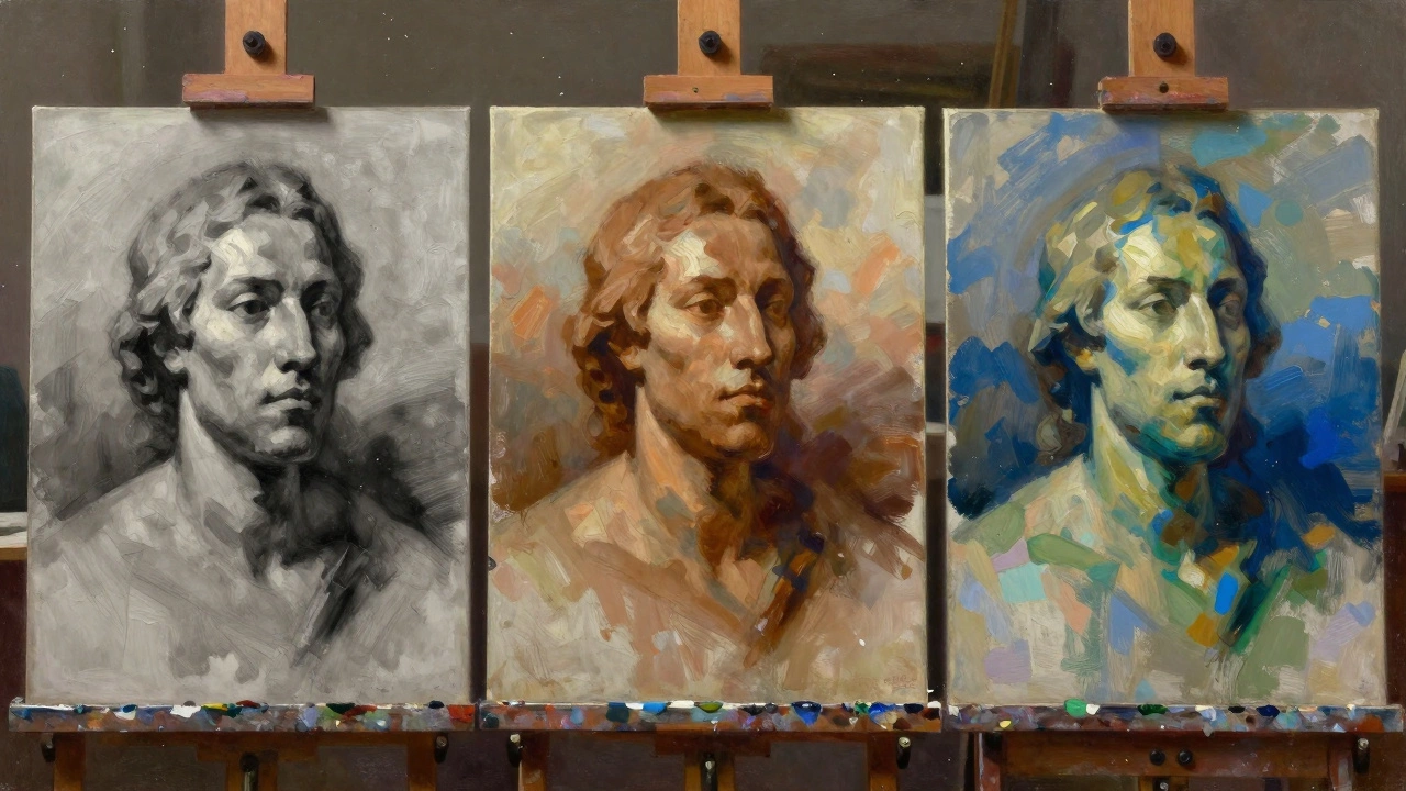 Three underpainting styles: Grisaille, Venice Burn, Alla Prima