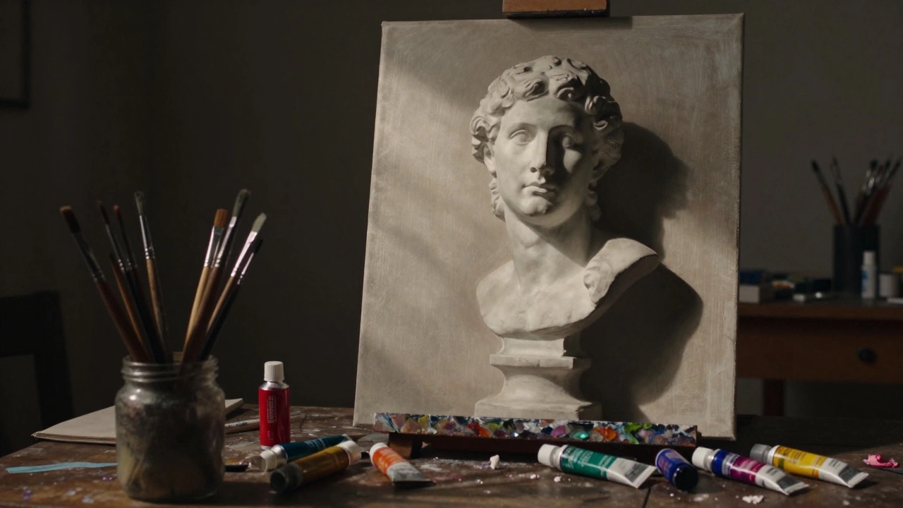 Artist workspace with portrait canvas and oil paints
