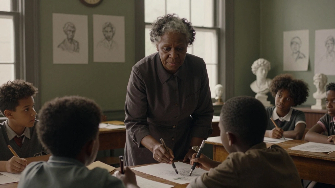 Augusta Savage mentoring young art students in a 1940s classroom