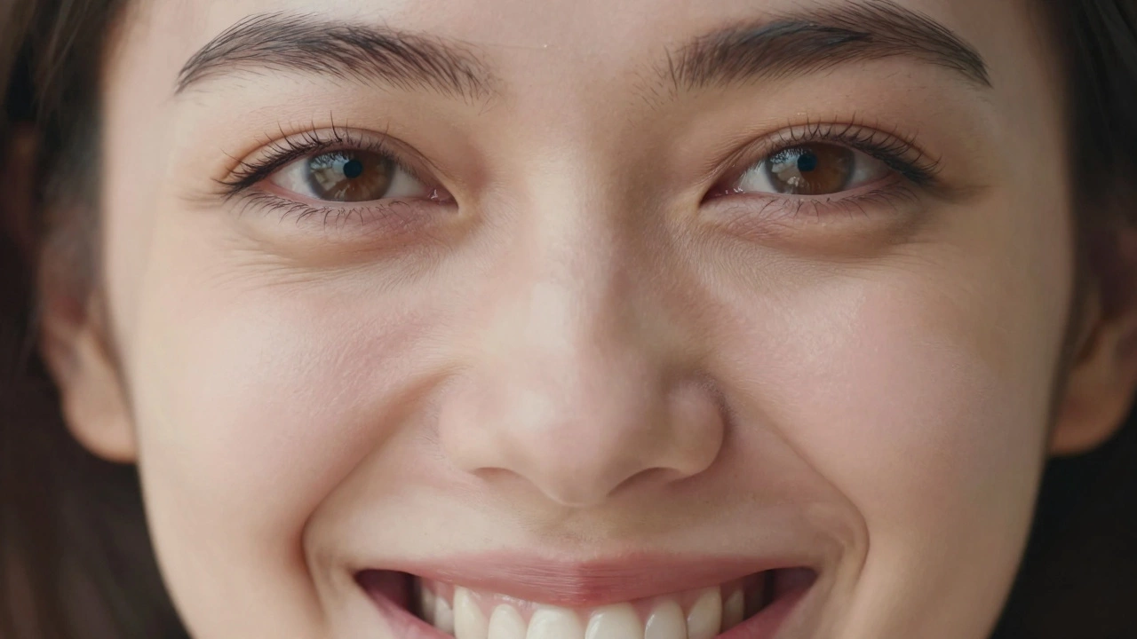 Close-up portrait highlighting genuine micro-expressions in eyes and asymmetric smile.