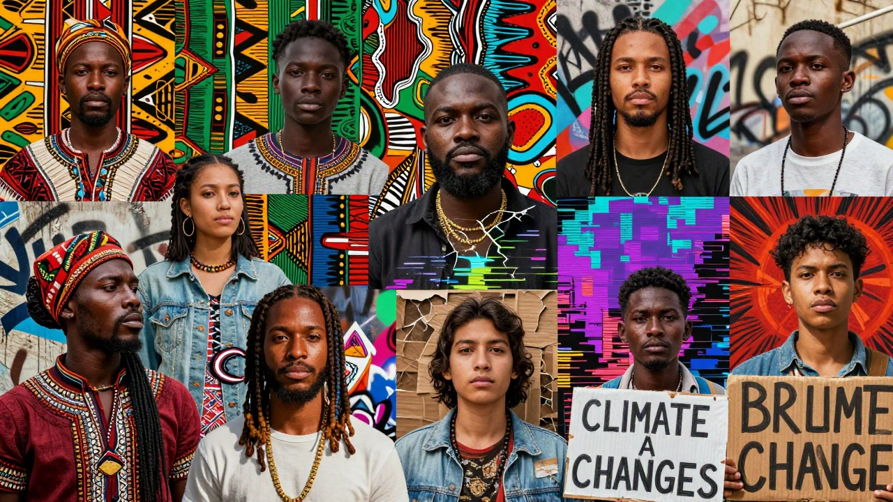 Collage of diverse global art styles blending tradition, digital media, and activism