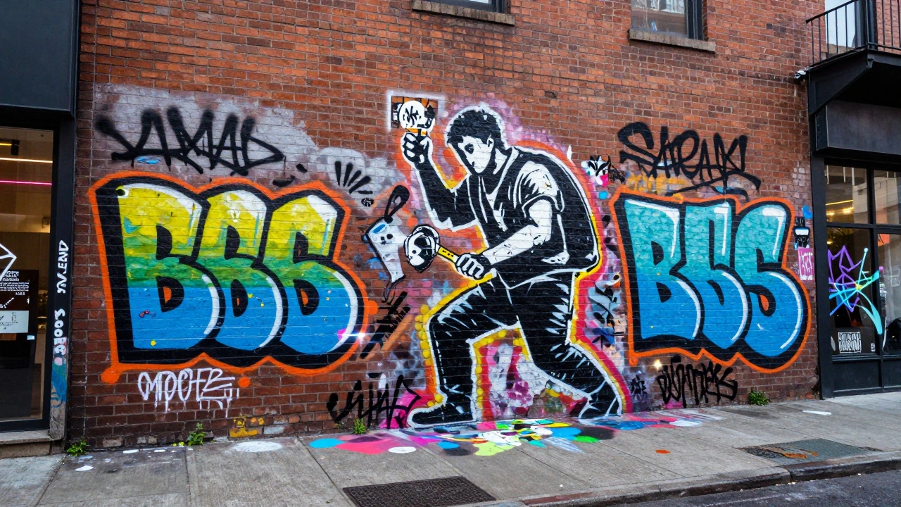 Colorful street art graffiti on a brick wall with digital projections