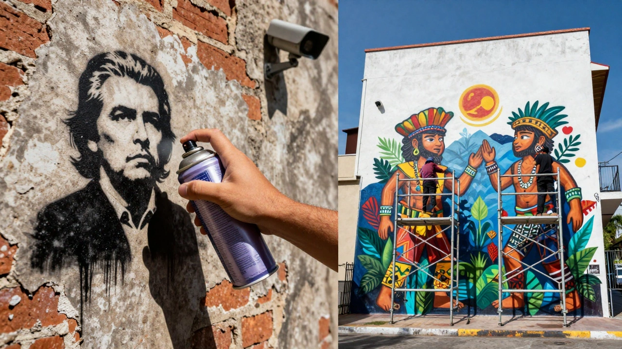 Contrast between stencil graffiti and large colorful commissioned murals