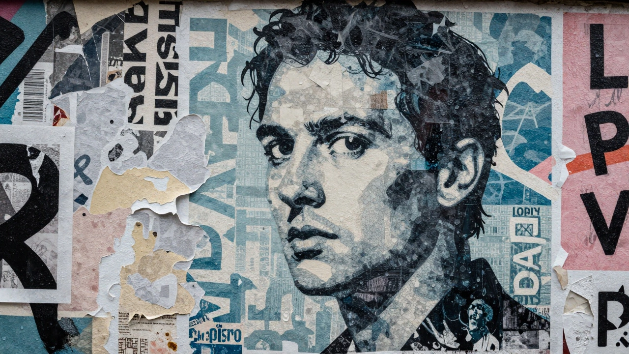 Fading street art collage showing signs of weathering
