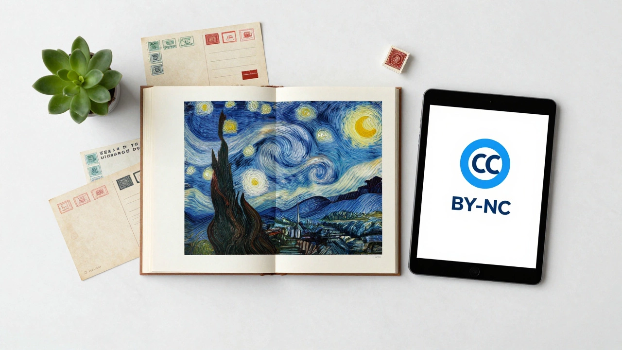 Flat lay of public domain art books and Creative Commons licenses