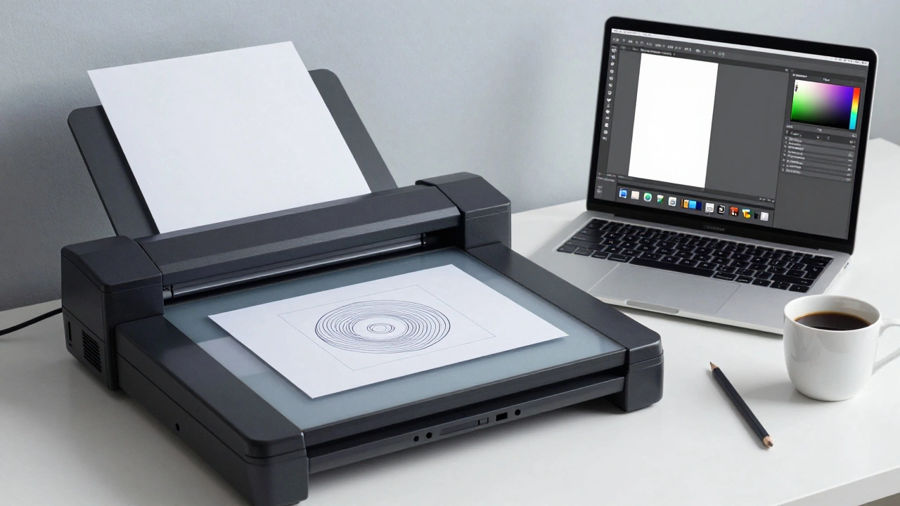 Flatbed scanner and laptop showing photo editing software
