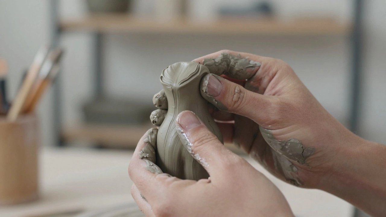 Hands molding wet clay to create a sculpture figure