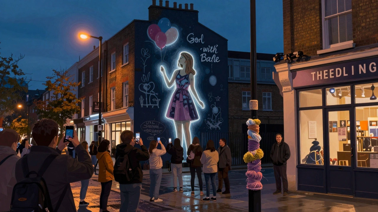 Illuminated street art mural in London at twilight with spectators