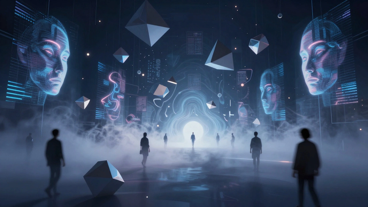 Immersive digital art installation with fog, holograms, and floating objects