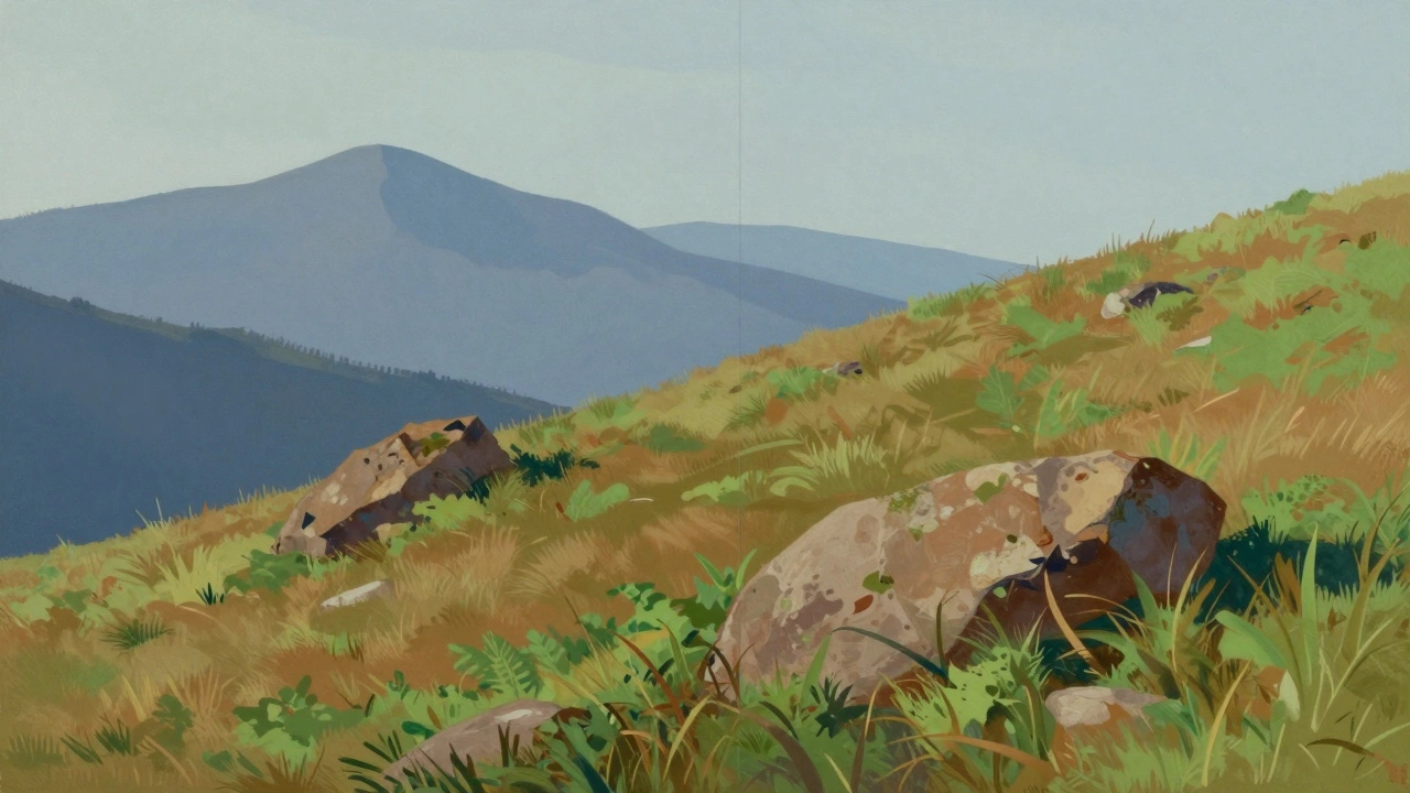 Landscape painting showing soft distant mountains versus detailed foreground.