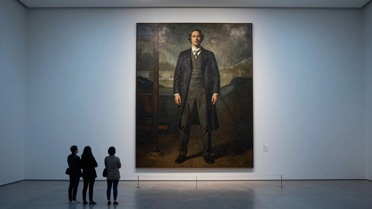 Large full-body portrait painting displayed in a gallery