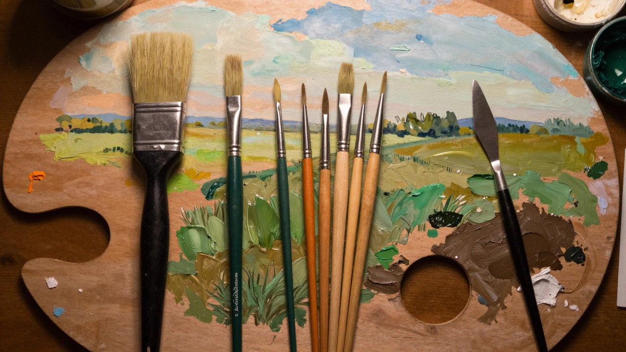Overhead view of painting tools arranged by size for different landscape layers.