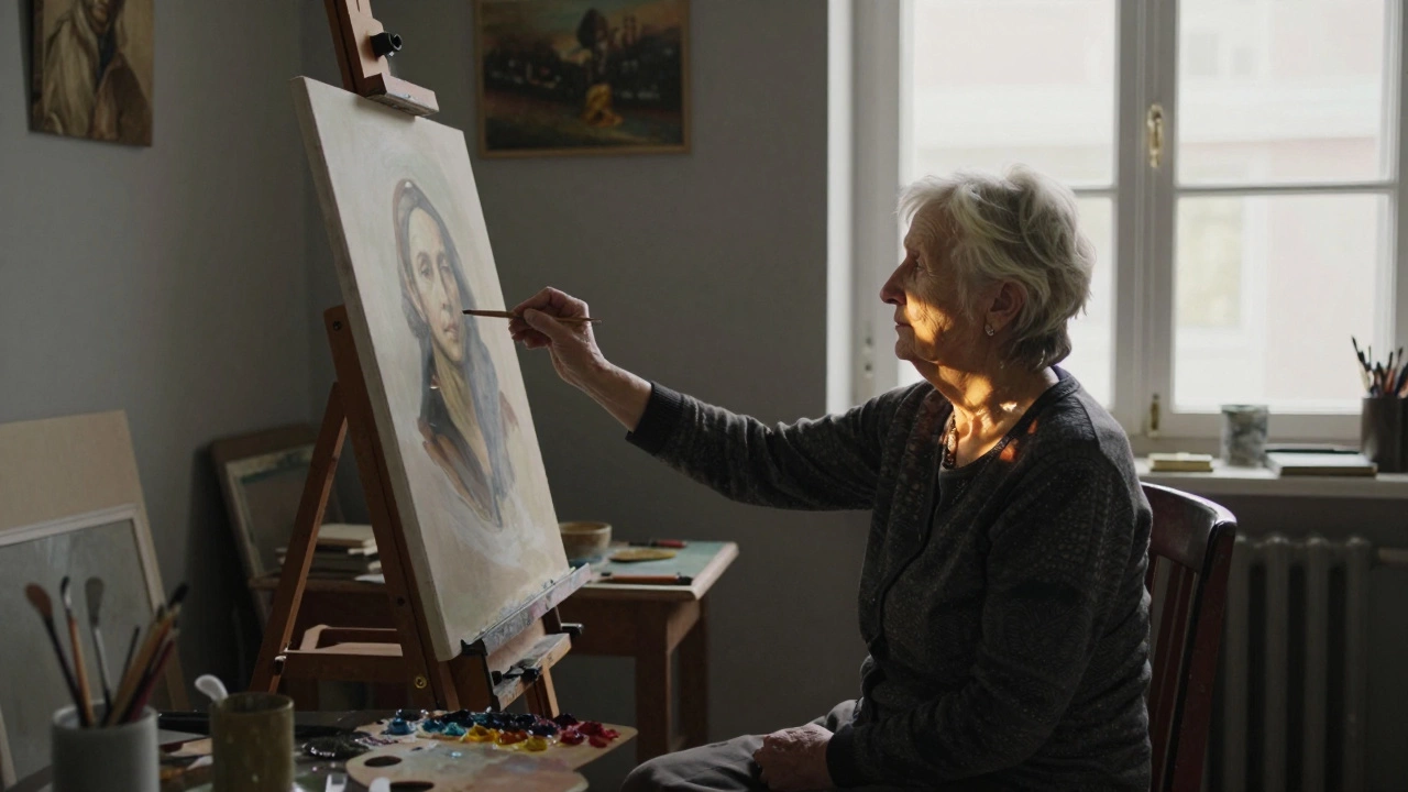 Painter capturing an elderly woman's portrait in soft natural studio light