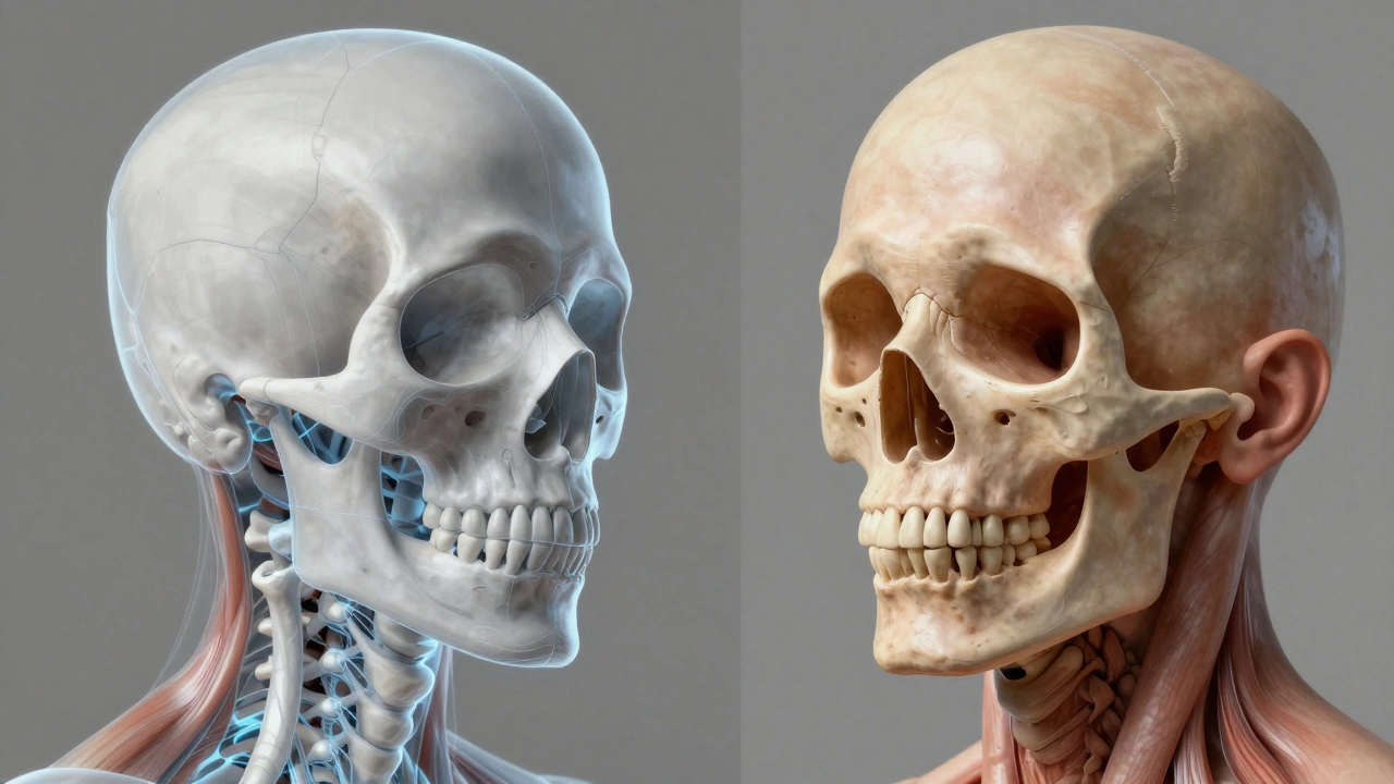 Split view showing human skull anatomy merging into realistic skin texture