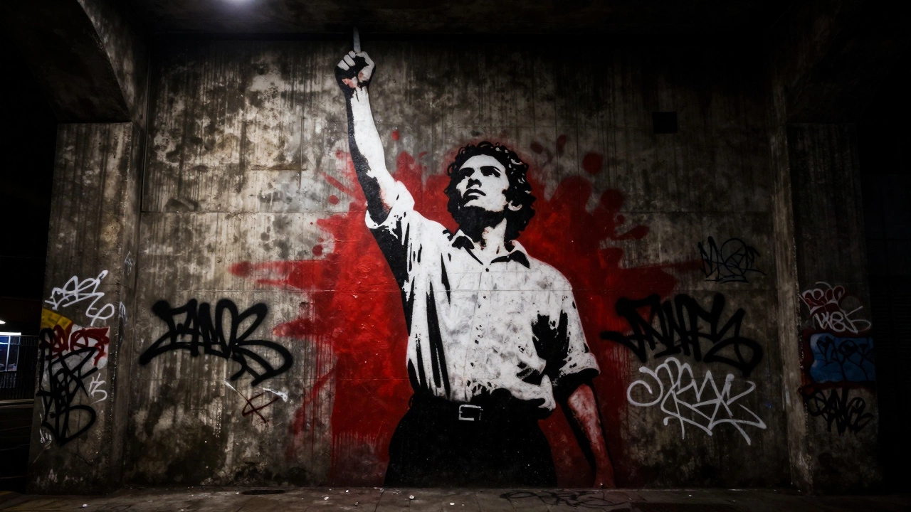 Stencil political street art on a dark wall at night