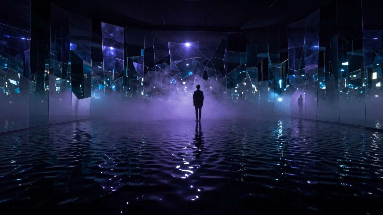 Viewer immersed in a dark mirror and water installation art piece