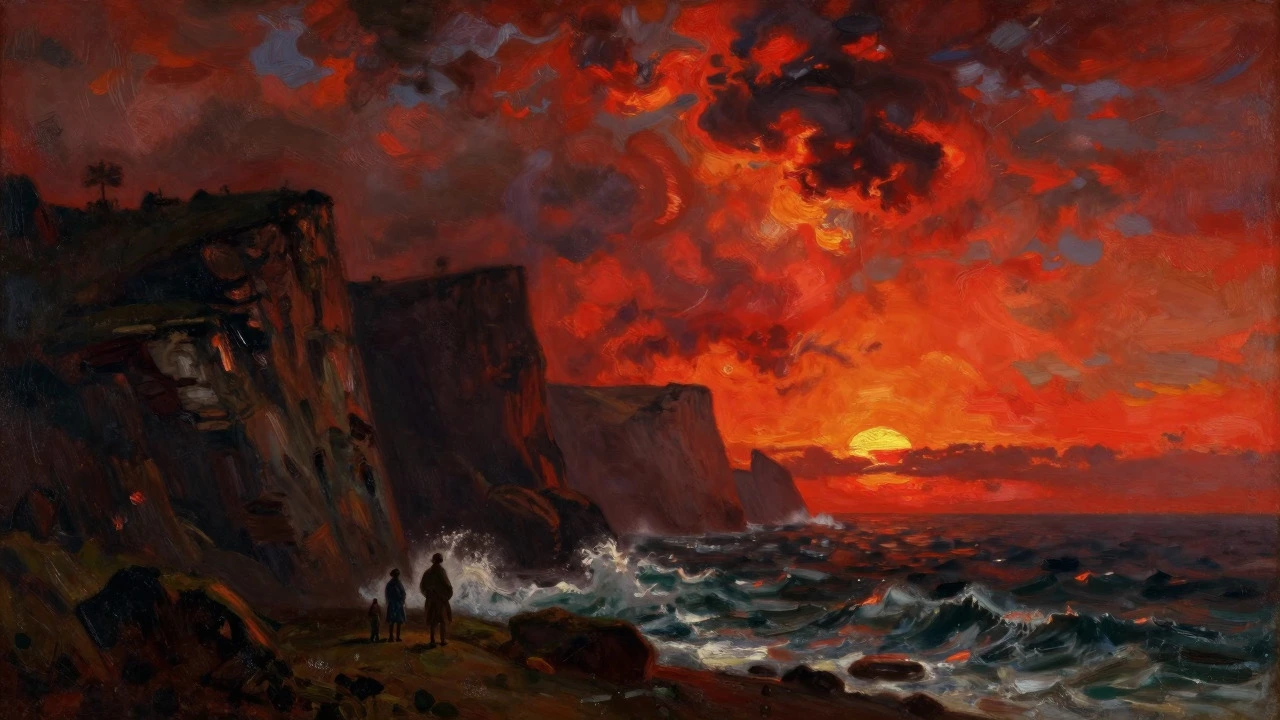 A dramatic romantic landscape with small figures overwhelmed by nature's power, featuring stormy skies, intense colors, and expressive brushwork to evoke emotion.