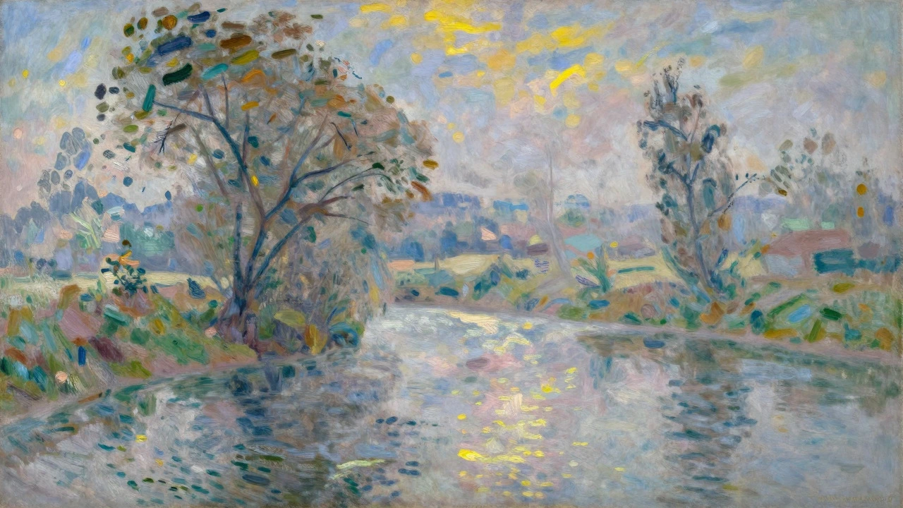 An impressionist landscape depicting a misty river scene with visible, rapid brushstrokes and vibrant colors focusing on the play of light rather than fine details.