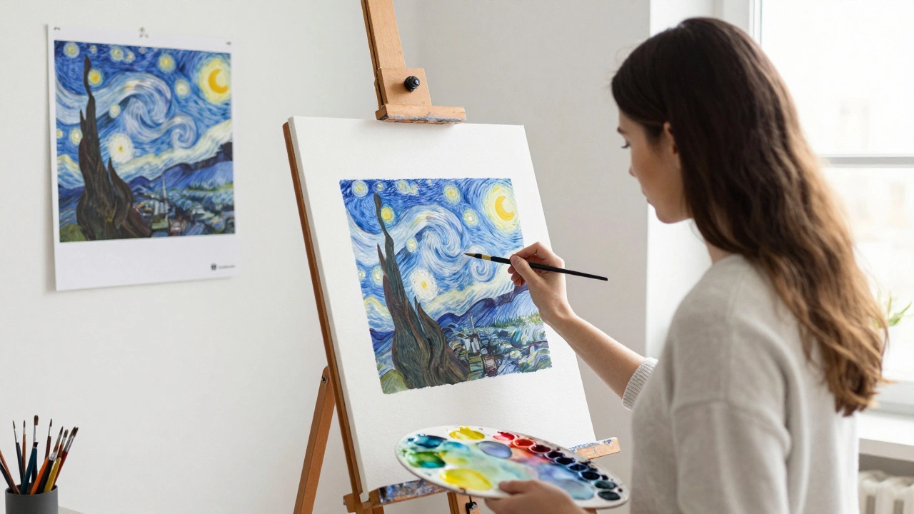 Artist painting a unique watercolor version of Starry Night in a studio.