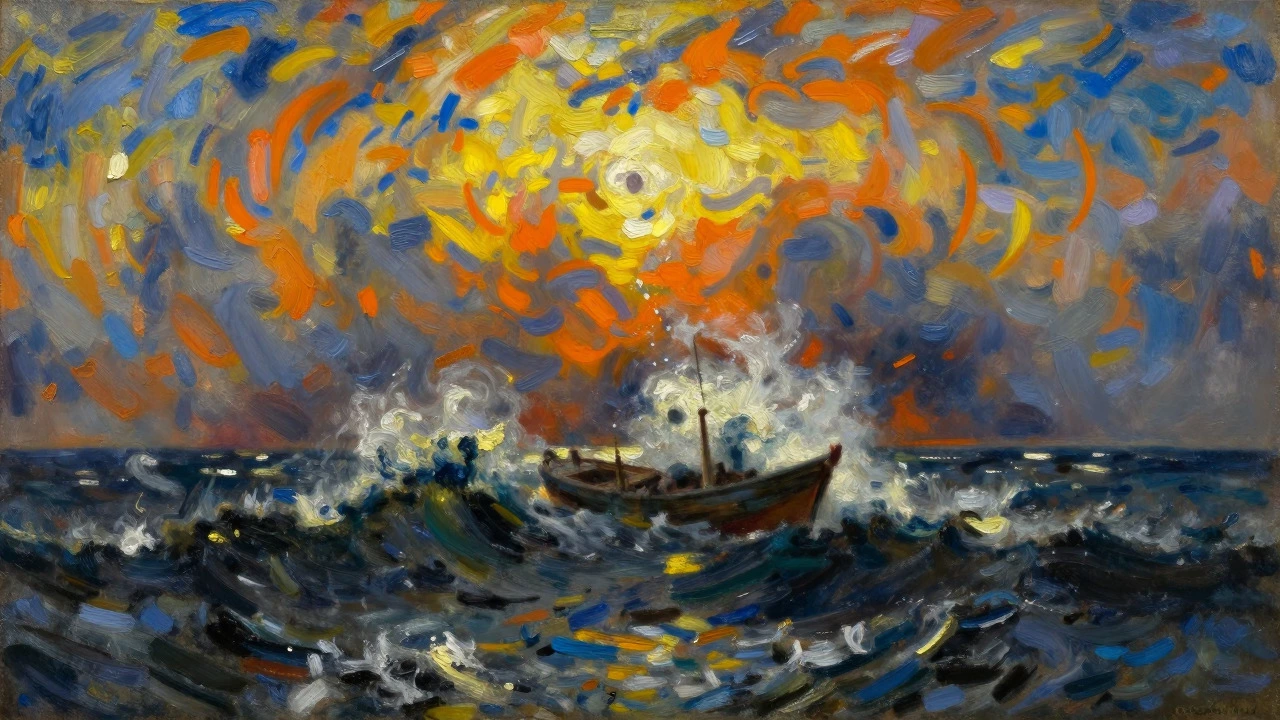 Chaotic stormy seascape with swirling light and dark waves
