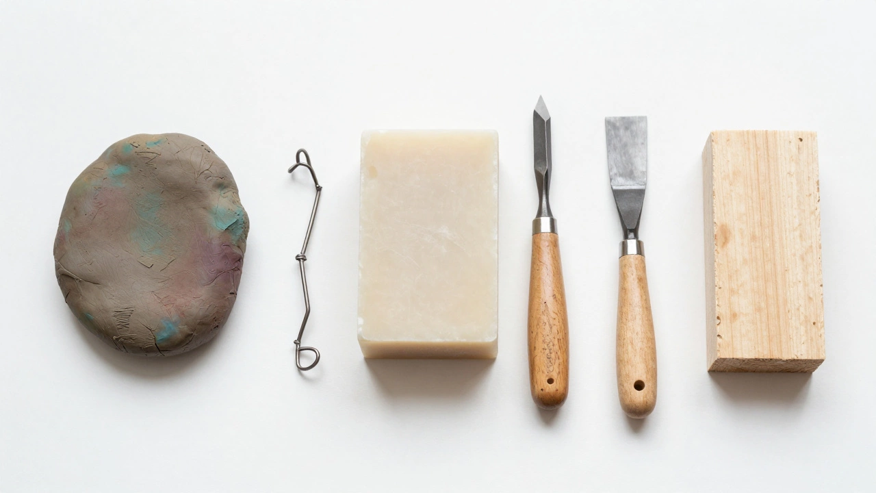 Clay, soapstone, and wood carving tools arranged on a white surface