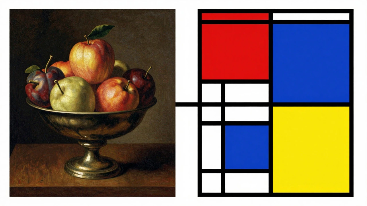 Comparison of realistic fruit bowl painting and geometric abstract art