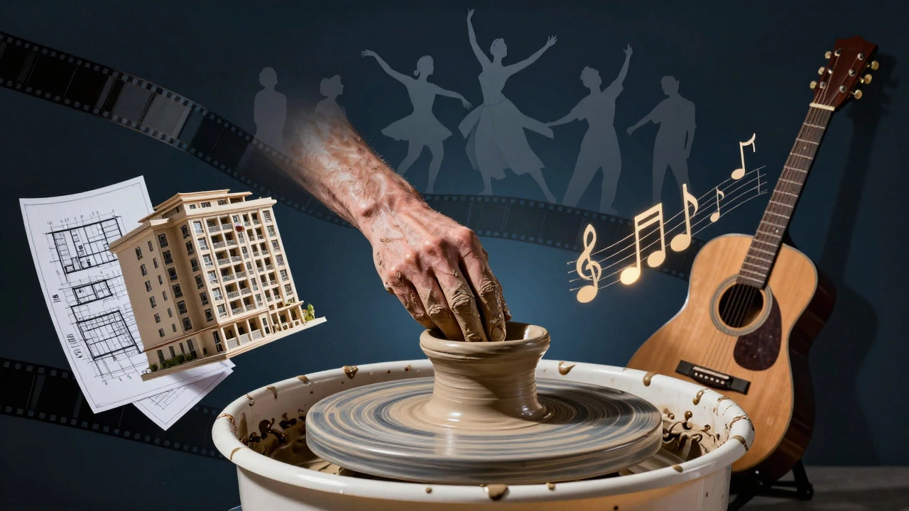 Composite image showing sculpture, architecture, music, and dance symbols