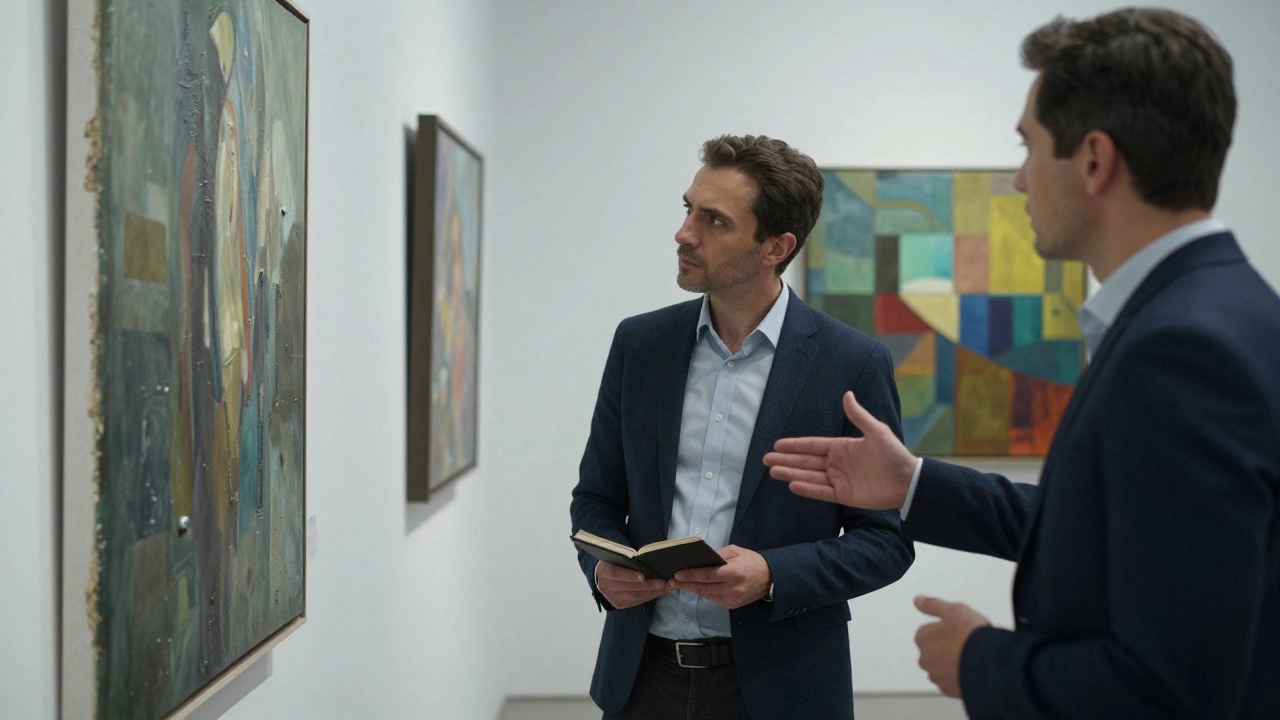 Curators and collectors critically examining paintings in a modern gallery