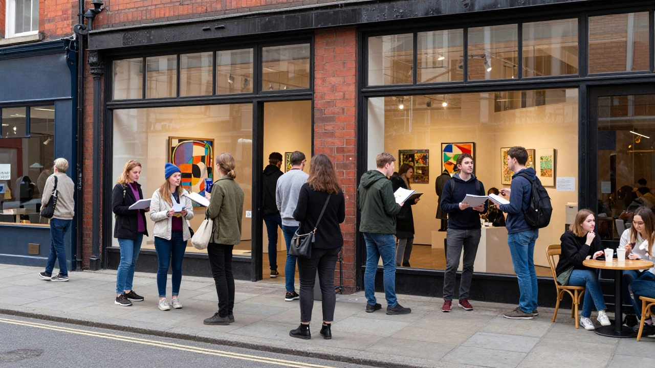 Diverse local community members attending an art exhibition opening
