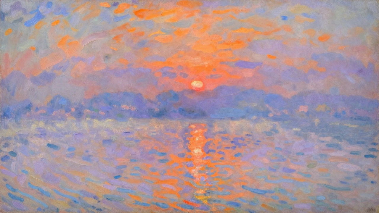Impressionist painting of a hazy sunrise with visible colorful brushstrokes