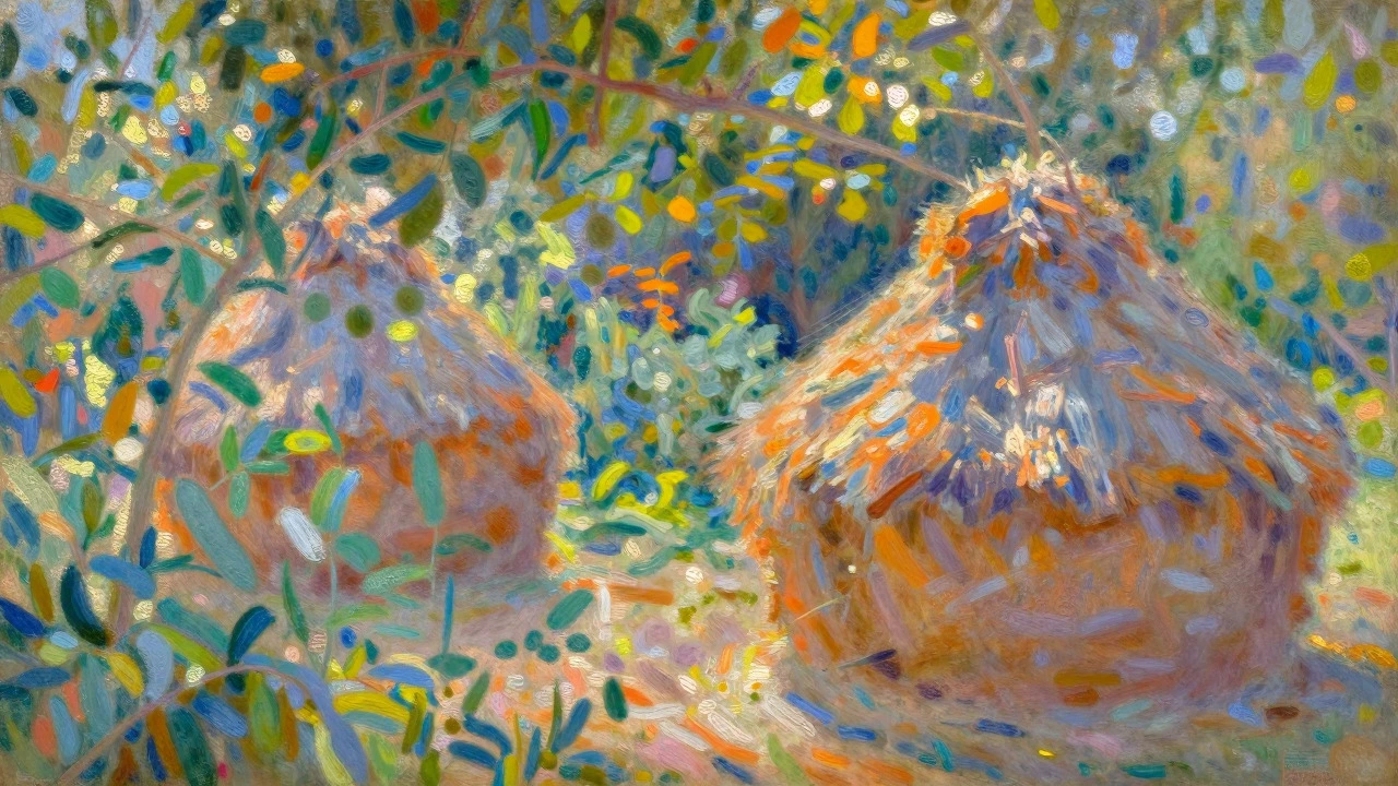 Impressionist painting showing dappled sunlight on a garden scene