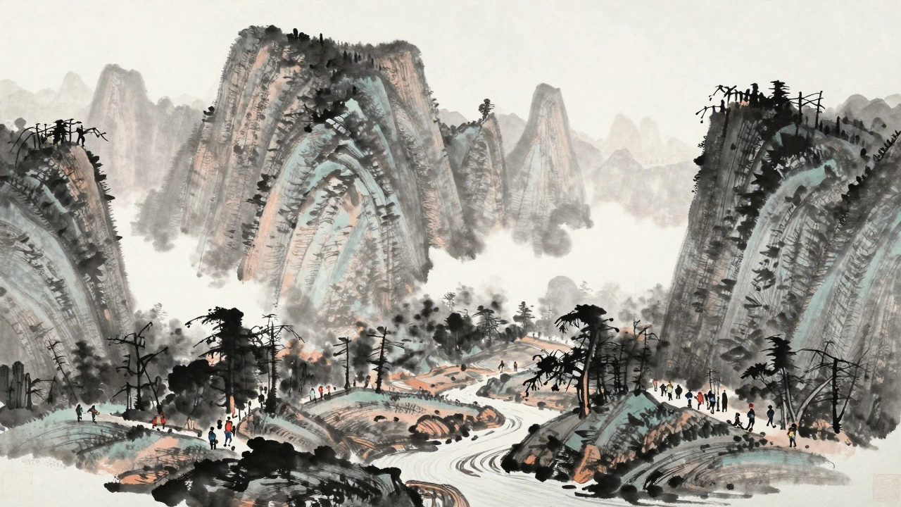 Ink wash painting of misty mountains with tiny hikers