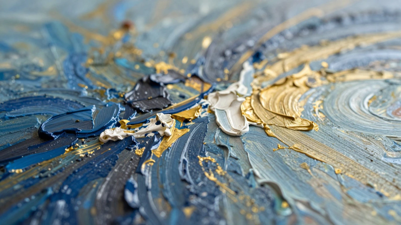 Macro close-up of textured abstract oil paint brushstrokes on canvas.