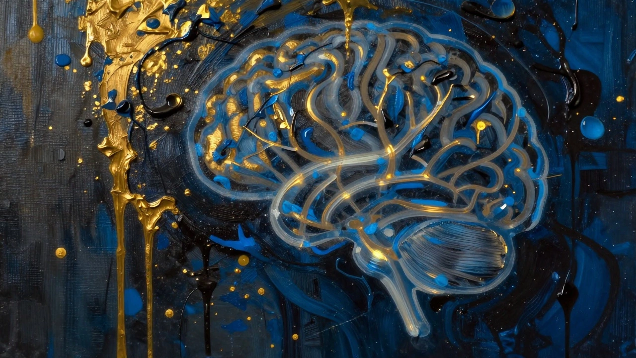 Macro view of complex abstract paint textures with subtle brain overlay.