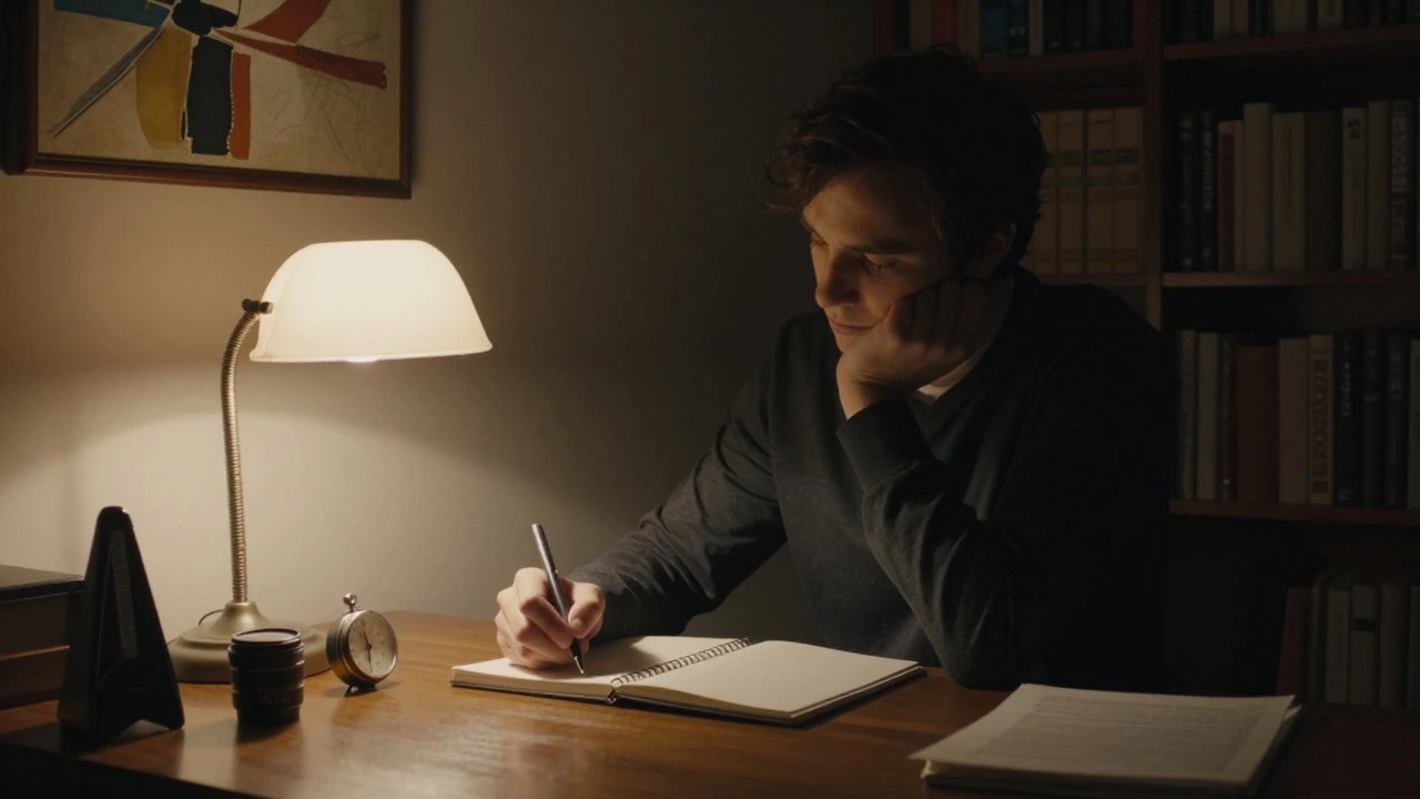 Person writing in a notebook under a warm lamp in a quiet study