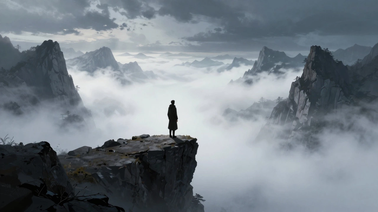 Romantic painting of a lone figure overlooking a misty mountain valley