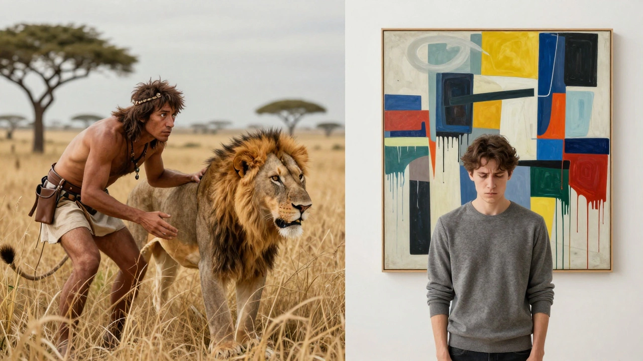 Split image comparing prehistoric pattern recognition with modern art confusion.