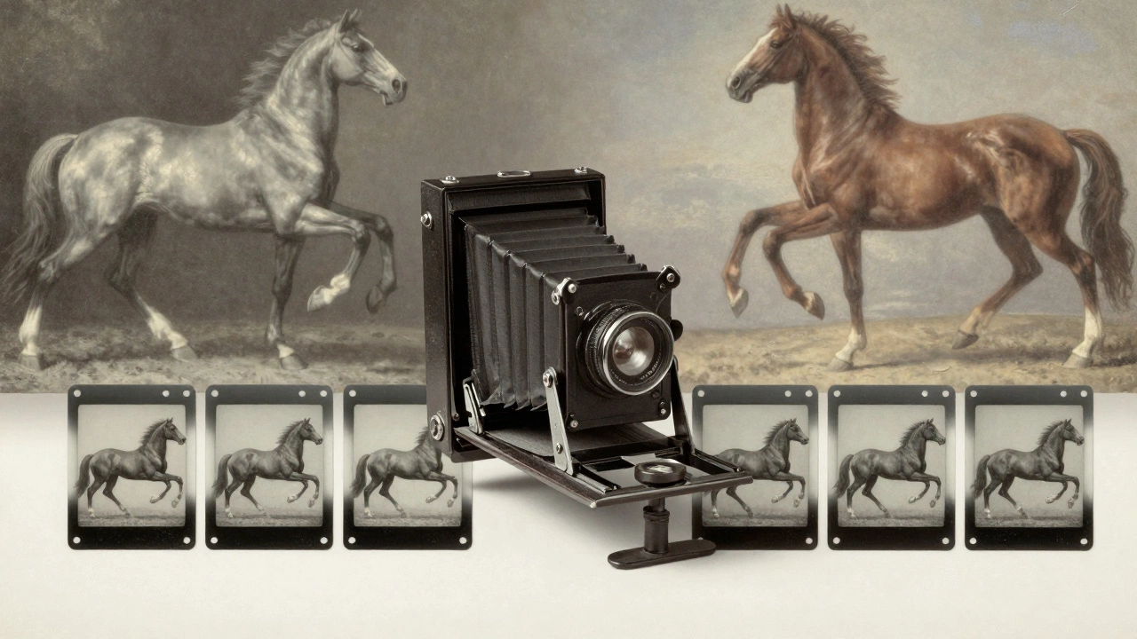 Vintage camera and horse motion studies disrupting traditional art concepts