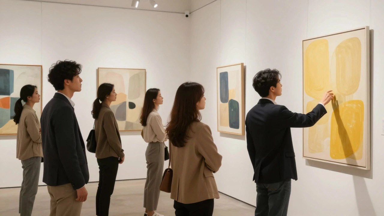 Visitors viewing abstract art in a bright, sophisticated gallery space.